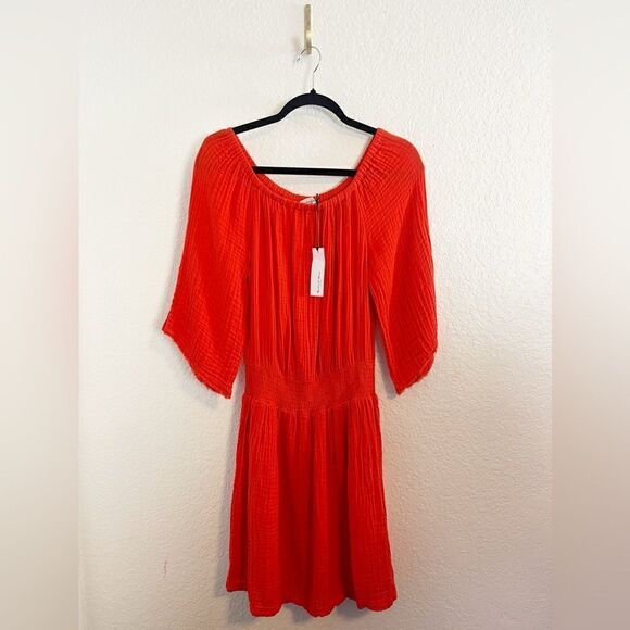 Michael Stars Fernanda smocked waist Dress in Orange NWT small - Picture 3 of 8